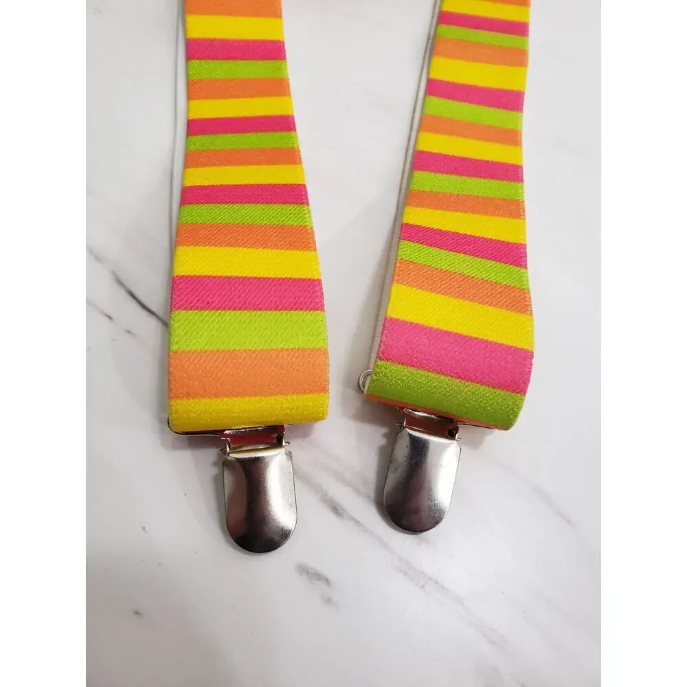 Neon Striped‎ Suspenders Halloween Festival Rave Womens Art Teacher Rainbow